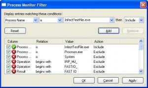 الشكل (11) يبين تحديد فلتر معين في برنامج Process Monitor وتم تحديد البرنامج الخبيث فقط لكي تتم مراقبته